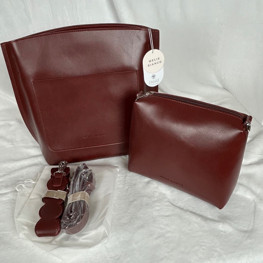 Melie Bianco Cecilia DL6259 Burgundy Vegan Leather Tote Bag Pouch Set NEW